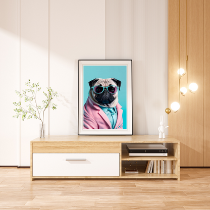 Elegant Pug wearing glasses in a Pink Blazer Poster (the frame is not included)