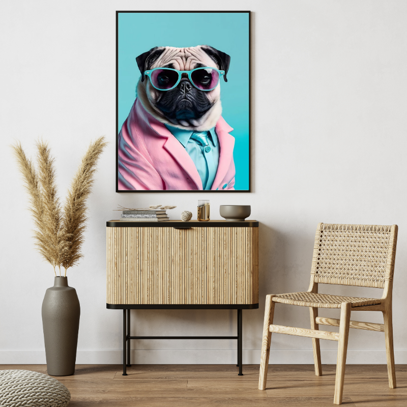 Elegant Pug wearing glasses in a Pink Blazer Poster (the frame is not included)