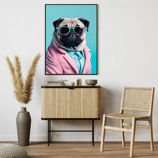 Elegant Pug wearing glasses in a Pink Blazer Poster (the frame is not included)