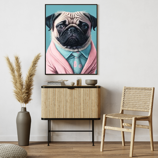 Elegant Pug in a Pink Blazer Poster (the frame is not included)