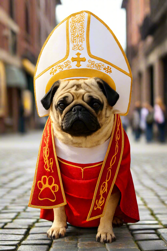 Dog wearing a papal costume with a white robe and red mantle on a city street.