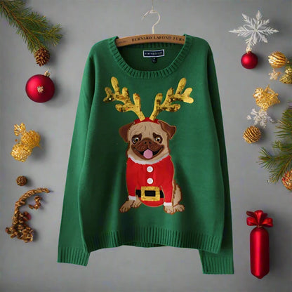 Festive Green Sweater with a Pug🎄🎅