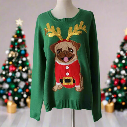 Festive Green Sweater with a Pug🎄🎅