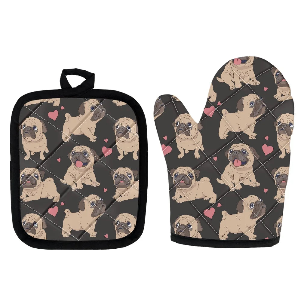 Kitchen Set D with Pugs (2 pieces: 1X Oven Glove ; 1X Pot Holder)