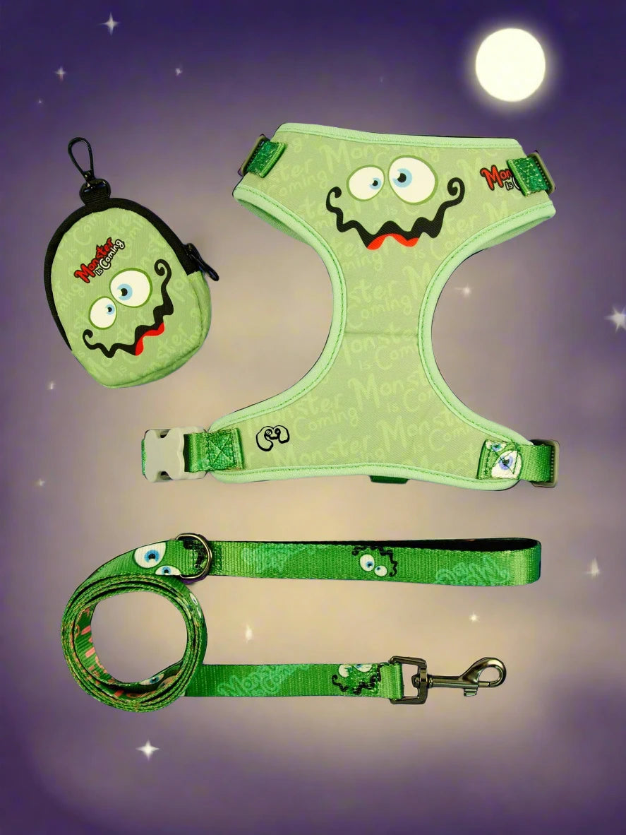 Luxury 3 Pieces Set: Monster is Coming: Luxury Fashion Harness ; Cute Leash and Poop bag (green colour)