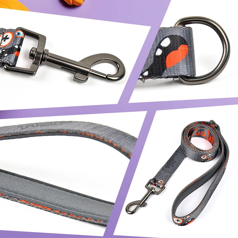 Luxury 3 Pieces Set: Monster is Coming: Luxury Fashion Harness ; Cute Leash and Poop bag (orange colour)