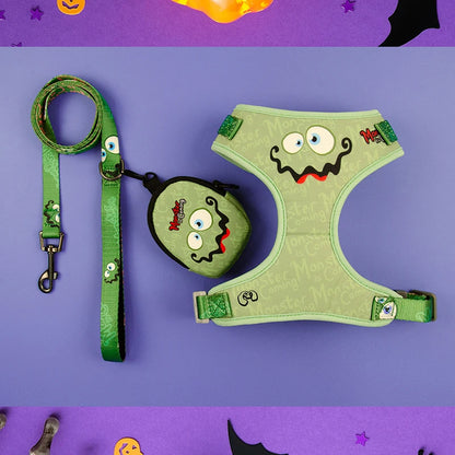 Luxury 3 Pieces Set: Monster is Coming: Luxury Fashion Harness ; Cute Leash and Poop bag (green colour)