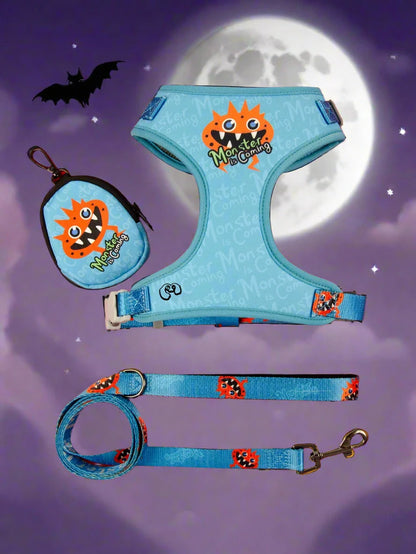 Luxury 3 Pieces Set: Monster is Coming: Luxury Fashion Harness ; Cute Leash and Poop bag (blue colour)