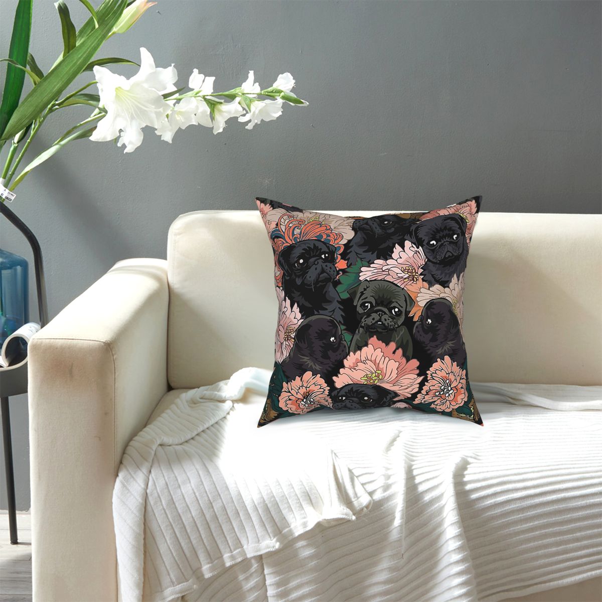 Black pug cushion cover