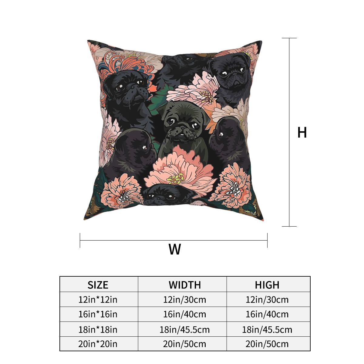 Black pug cushion cover